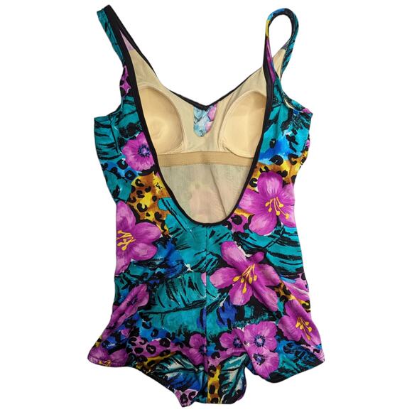 Vtg 1990s Mainstream Purple Teal Floral Leopard Skirted One Piece Swimsuit 14 - Picture 2 of 6